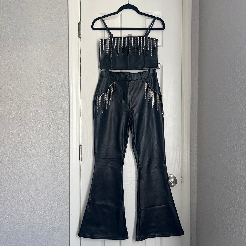 Miss Selfridge Petite Faux Leather Diamante Fringe Kickflare Pants - Size 6P